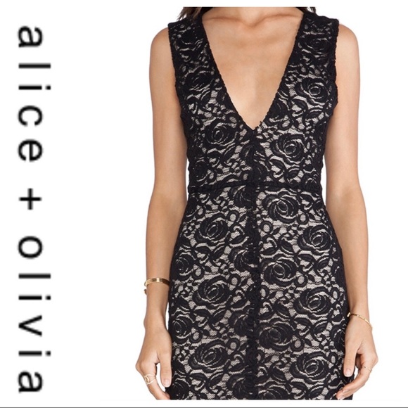 💕SALE💕Alice+Olivia Black Mia Lace Overlay Dress - Picture 4 of 9